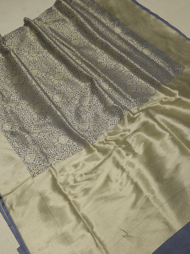 Pure Katan Silk Zari Tanchui Brocade Banarasi Saree - Grey