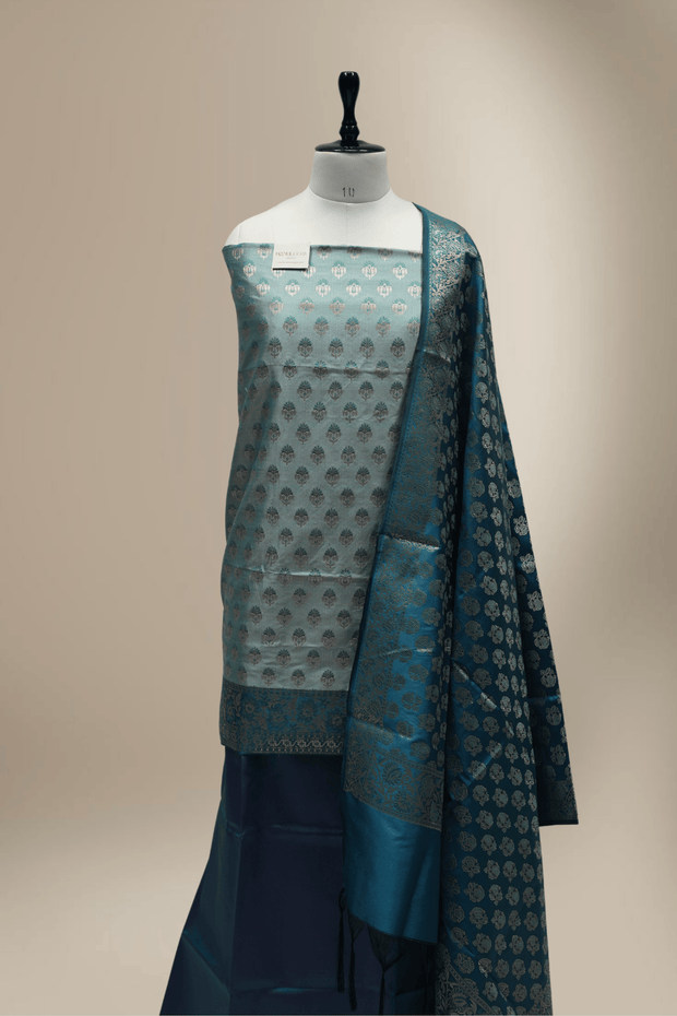 Banarasi Fancy Silk Suit with Zari Motif with Contrast Banarasi Dupatta -Royal Blue
