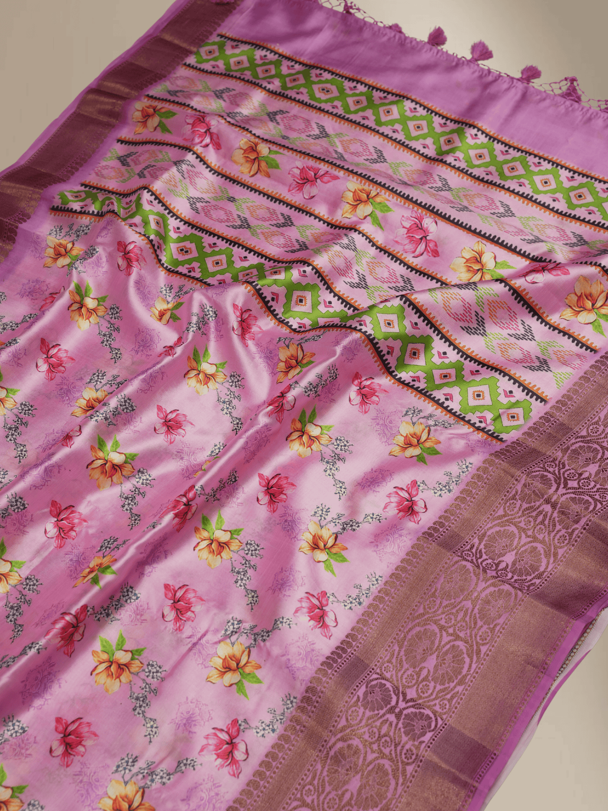 Pink Silk Digital Print Sarees With Copper Border