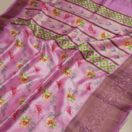 Pink Silk Digital Print Sarees With Copper Border