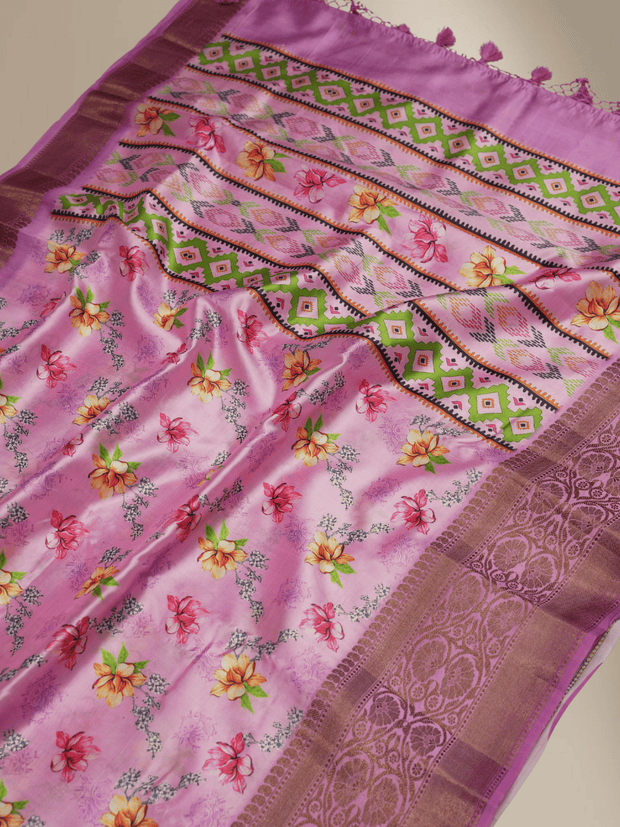Pink Silk Digital Print Sarees With Copper Border