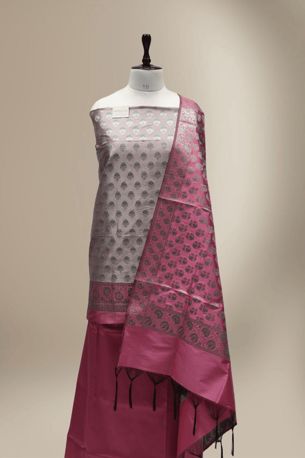 Banarasi Fancy Silk Suit with Zari Motif with Contrast Banarasi Dupatta - Onion Pink