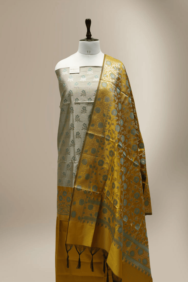 Banarasi Fancy Silk Suit with Zari Motif with Contrast Banarasi Dupatta - Yellow
