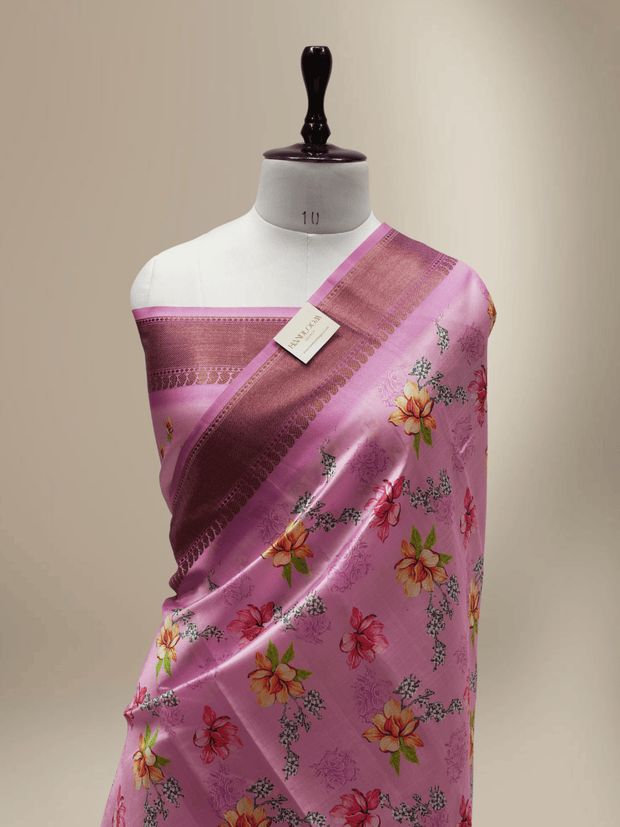 Pink Silk Digital Print Sarees With Copper Border