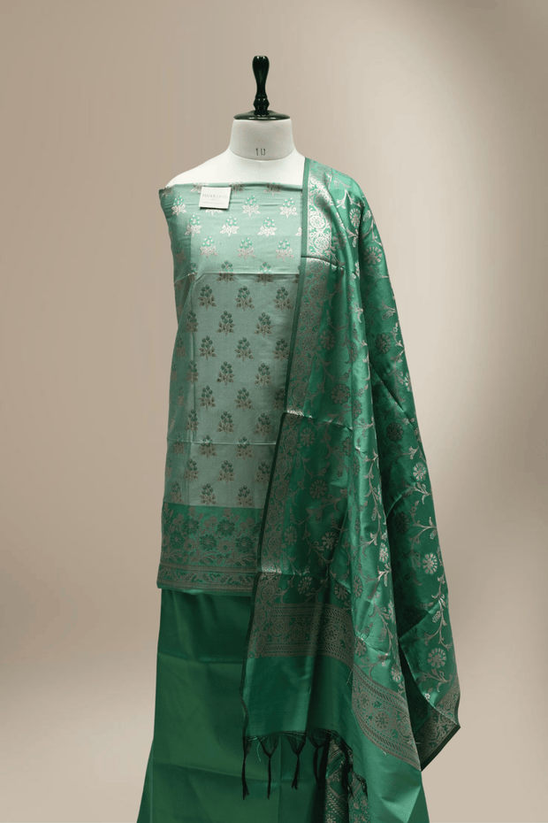 Banarasi Fancy Silk Suit with Zari Motif with Contrast Banarasi Dupatta - Green