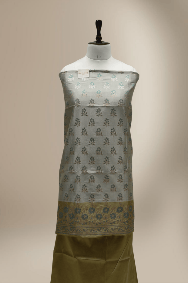 Banarasi Fancy Silk Suit with Zari Motif with Contrast Banarasi Dupatta - Mehendi Green