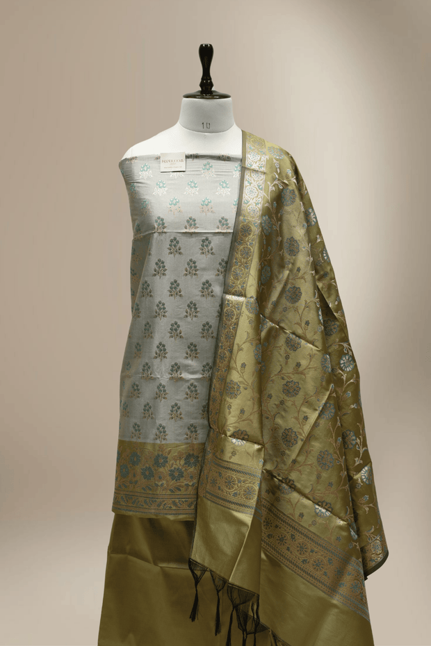 Banarasi Fancy Silk Suit with Zari Motif with Contrast Banarasi Dupatta - Mehendi Green