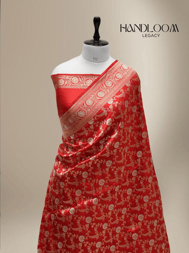 Red Pure Katan Silk Banarasi Sarees With Silver Mina