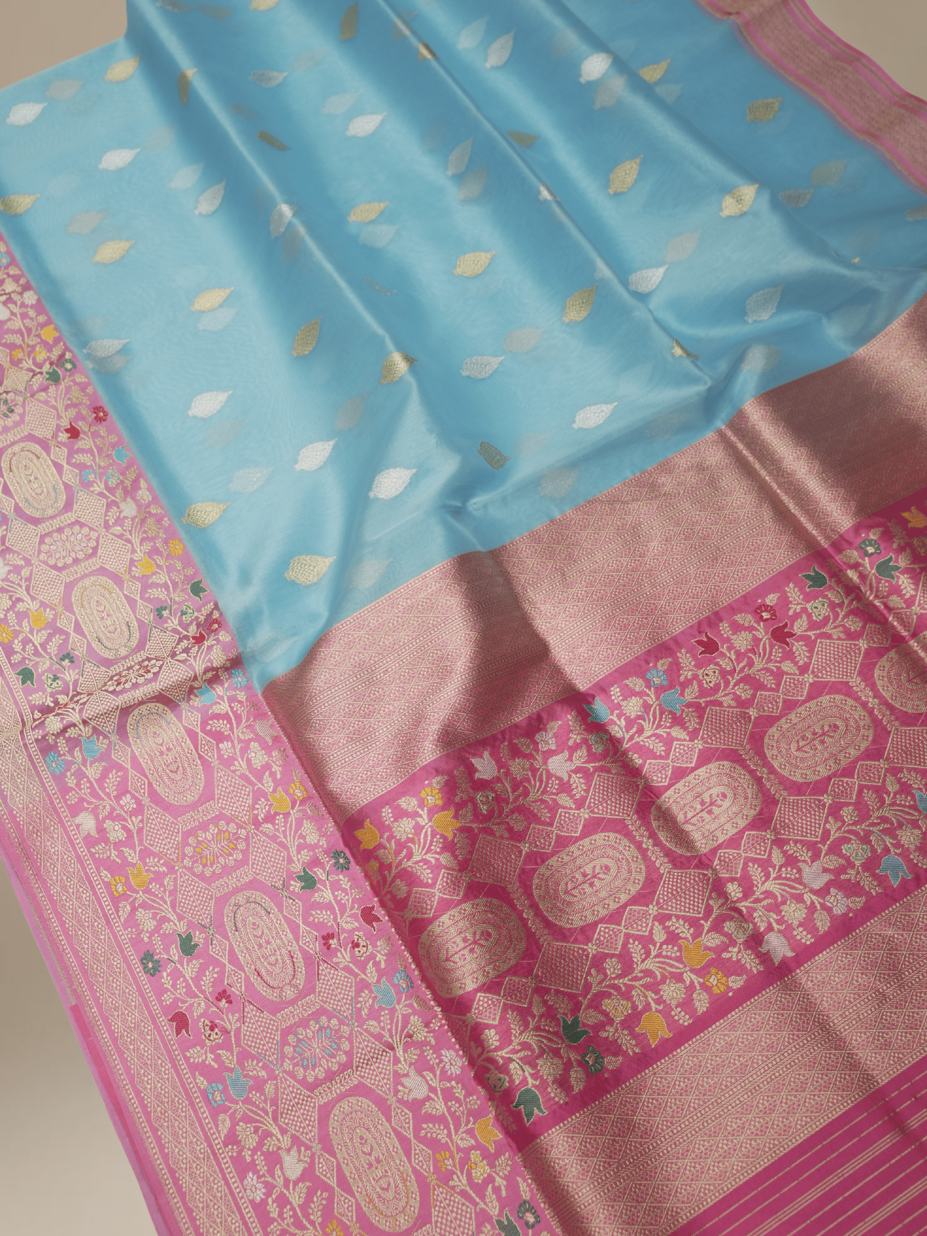 Sky Blue Pure Kora Silk Ropa Sona Kadua Motif Handloom Banarasi sarees