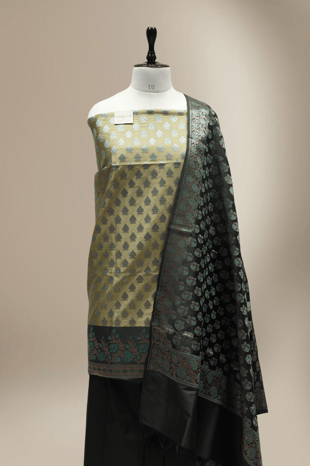 Banarasi Fancy Silk Suit with Zari Motif with Contrast Banarasi Dupatta - Black