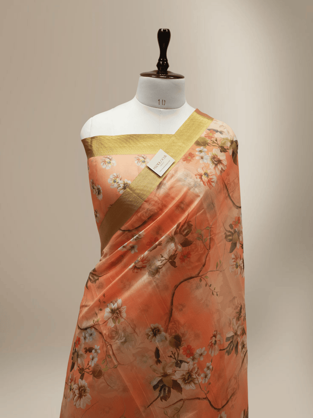 Pitch  Colour Cotton Digital Print sarees with Skirt Chikankaari work