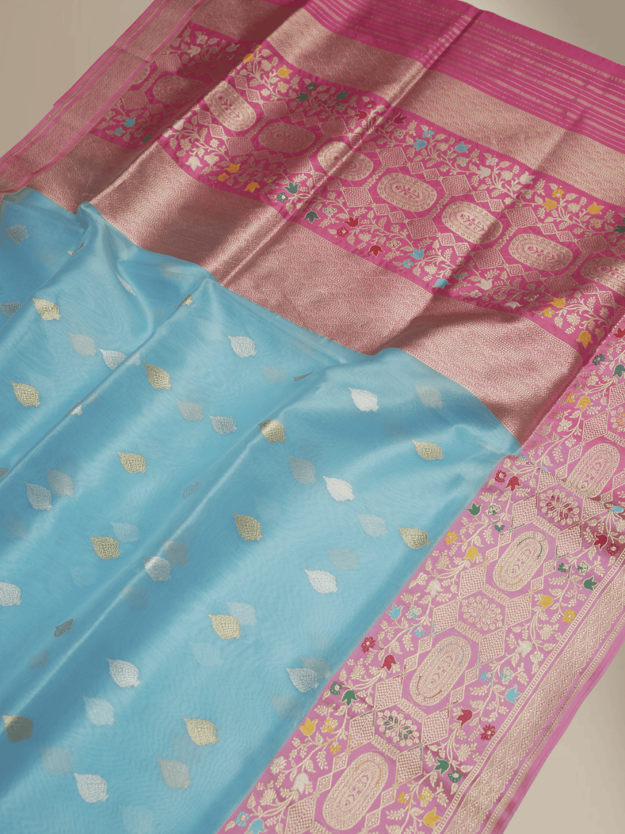 Sky Blue Pure Kora Silk Ropa Sona Kadua Motif Handloom Banarasi sarees