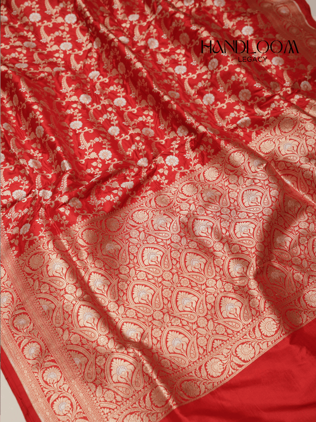 Red Pure Katan Silk Banarasi Sarees With Silver Mina