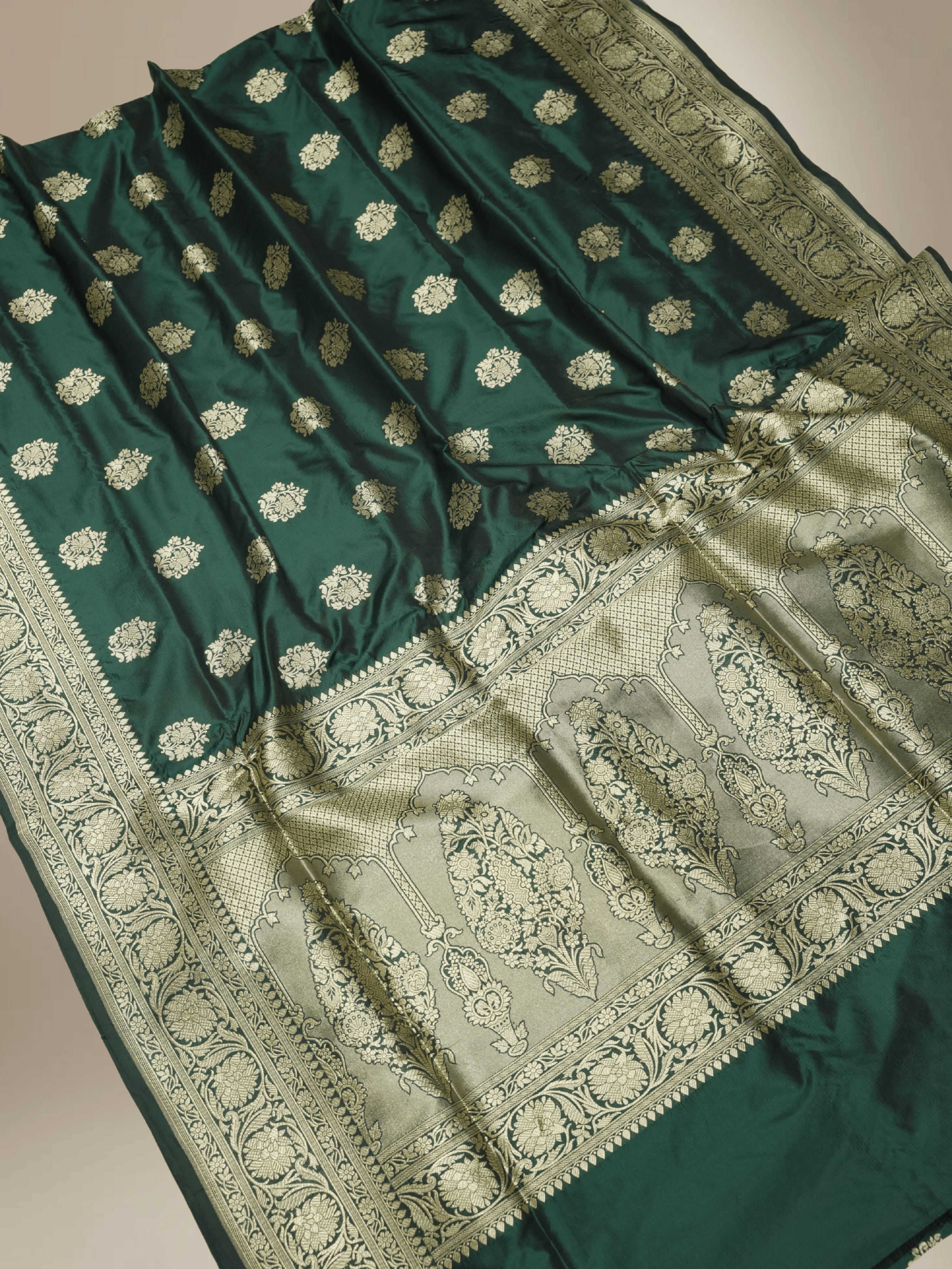 Pure Katan Silk Zari Motif Banarasi Saree - Royal Green