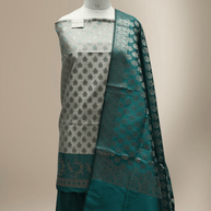 Banarasi Fancy Silk Suit with Zari Motif with Contrast Banarasi Dupatta -Royal Green