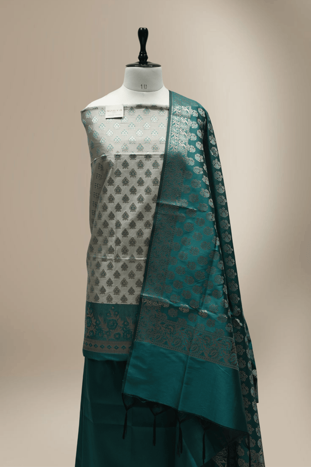 Banarasi Fancy Silk Suit with Zari Motif with Contrast Banarasi Dupatta -Royal Green