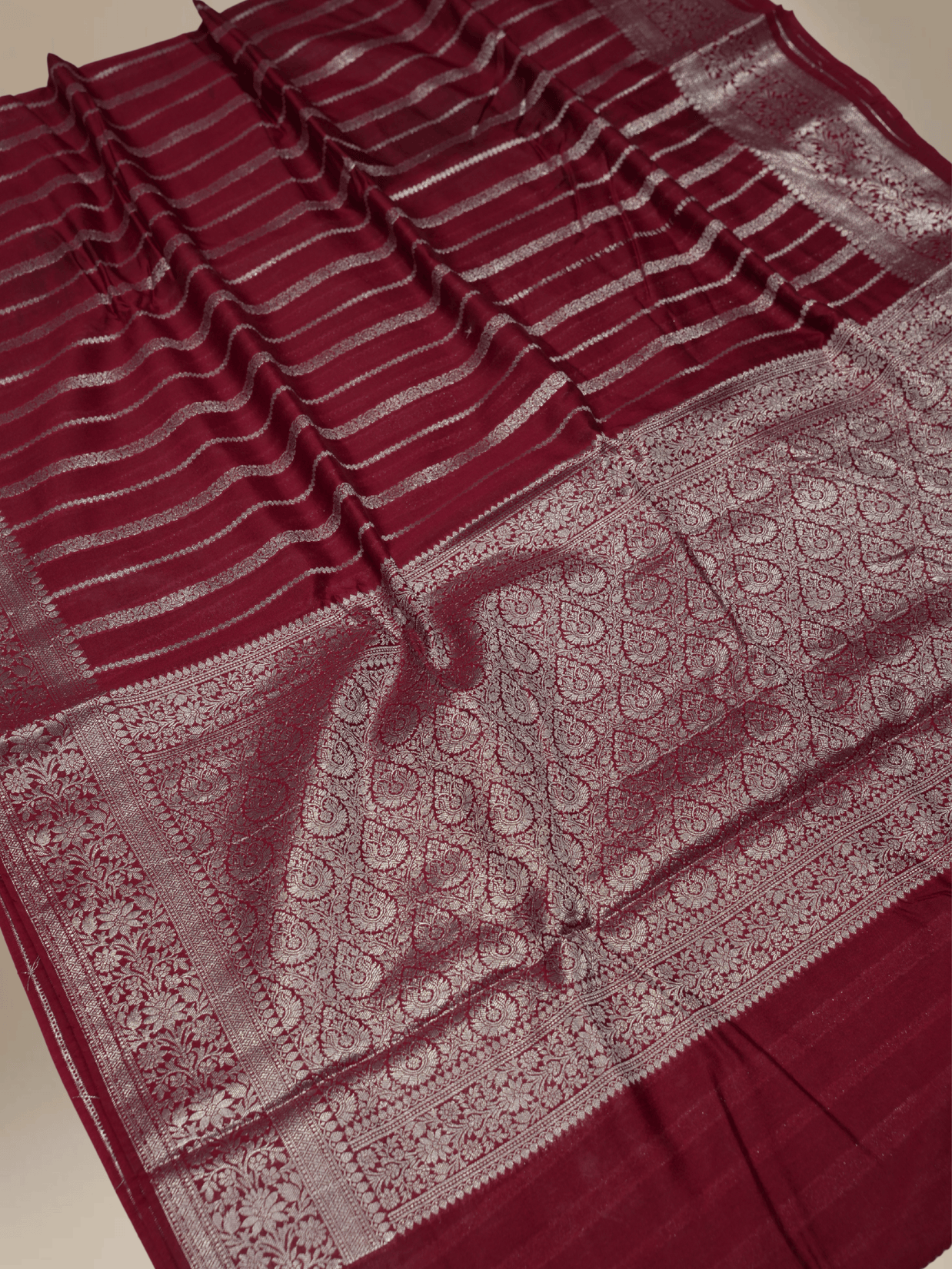 Mehroon Red Georgette Silver  Lining Banarasi Sarees