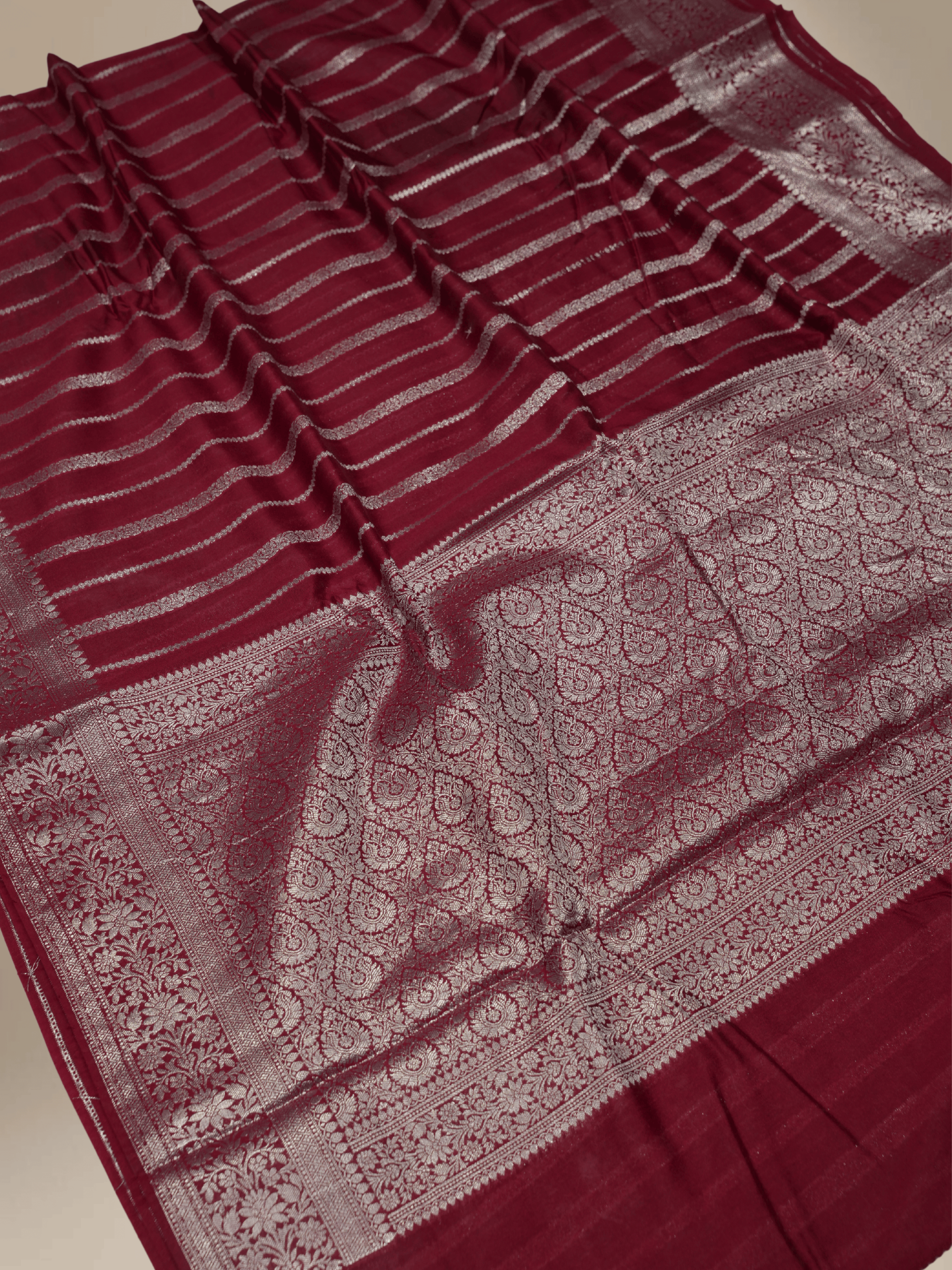 Mehroon Red Georgette Silver  Lining Banarasi Sarees