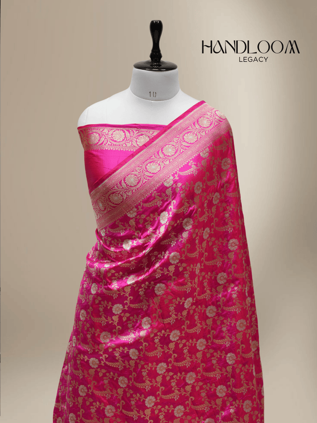 Pink Short Colour Pure Katan Silk Banarasi Sarees With Silver Mina