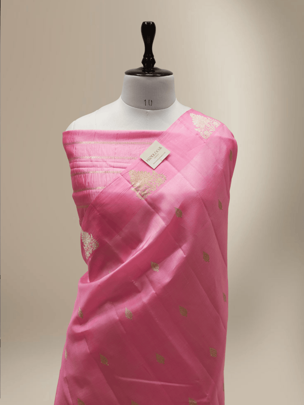 Raspberry pink Colour Pure Kadwa Raw Mango Silk Banarasi Saree with silver & gold zari