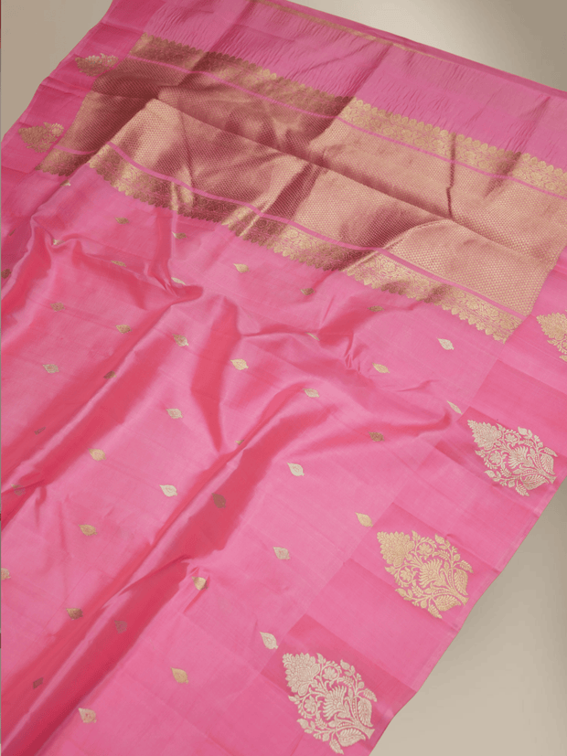 Raspberry pink Colour Pure Kadwa Raw Mango Silk Banarasi Saree with silver & gold zari