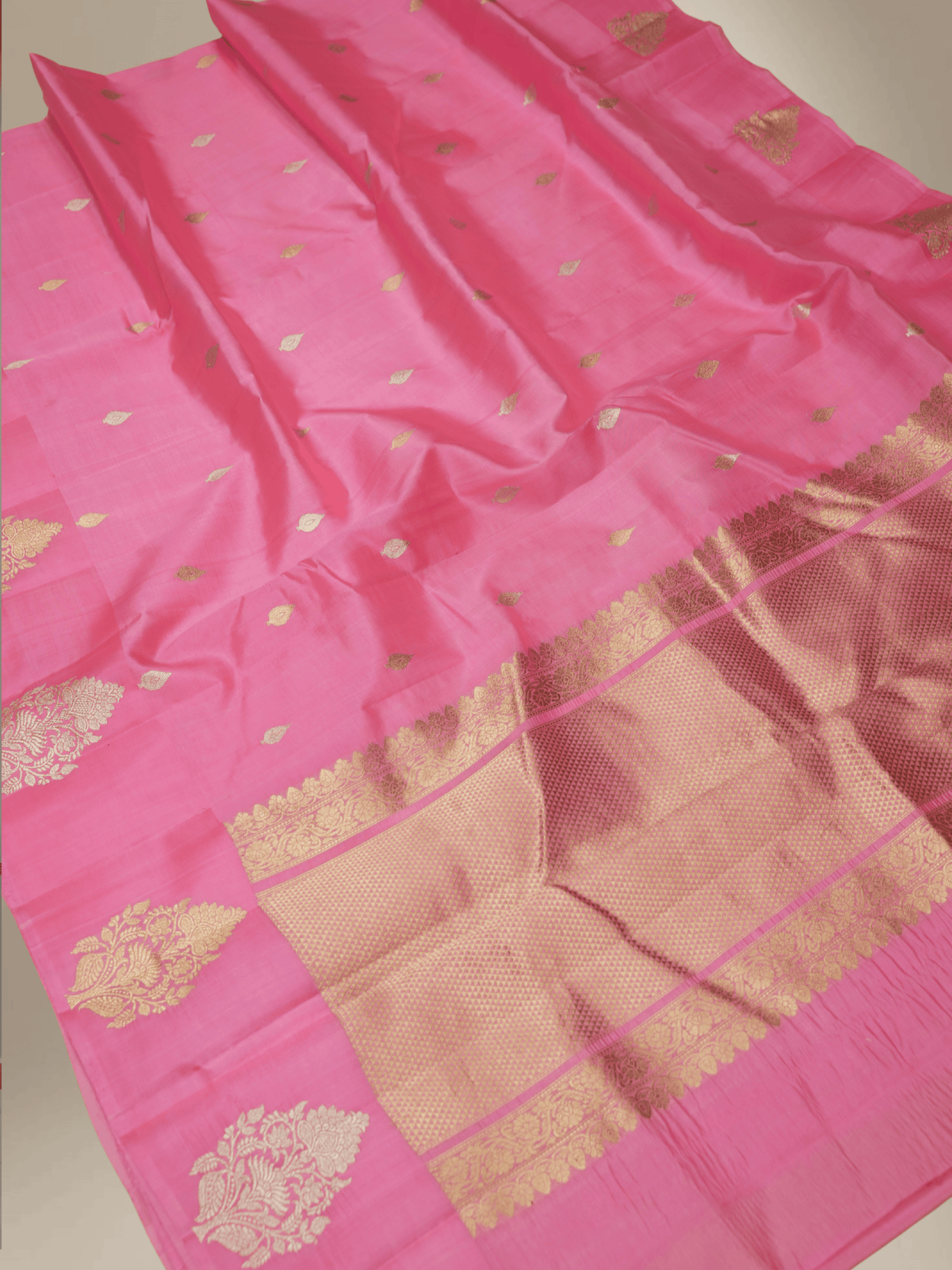 Raspberry pink Colour Pure Kadwa Raw Mango Silk Banarasi Saree with silver & gold zari