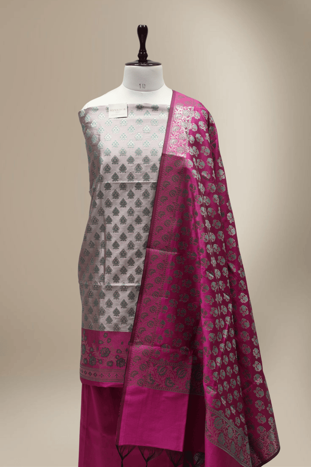 Banarasi Fancy Silk Suit with Zari Motif with Contrast Banarasi Dupatta - Rani