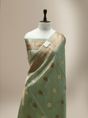 Pure Tissue Silk Handloom Banarasi saree with Coffee & Gold Zari In Mehendi Colour