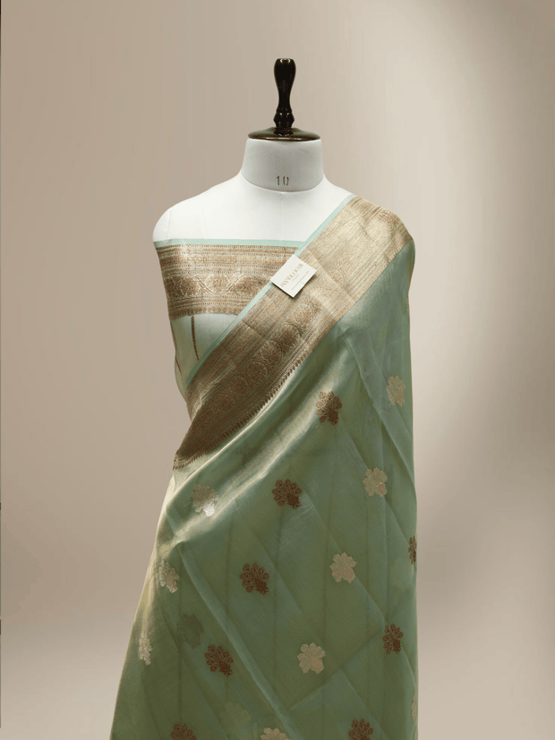 Pure Tissue Silk Handloom Banarasi saree with Coffee & Gold Zari In Mehendi Colour