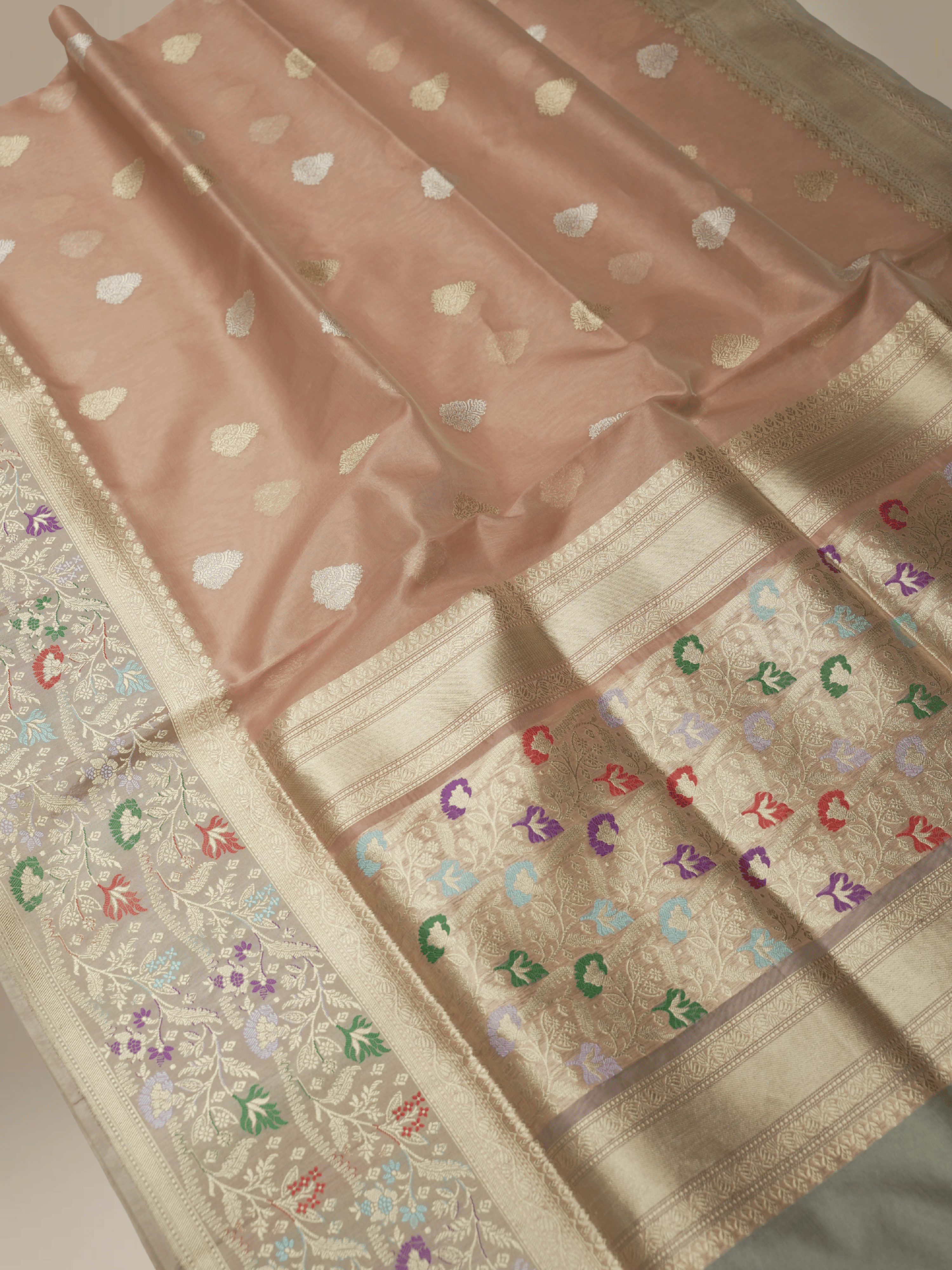Beige Pure Kora Silk Ropa Sona Kadua Motif Handloom Banarasi sarees