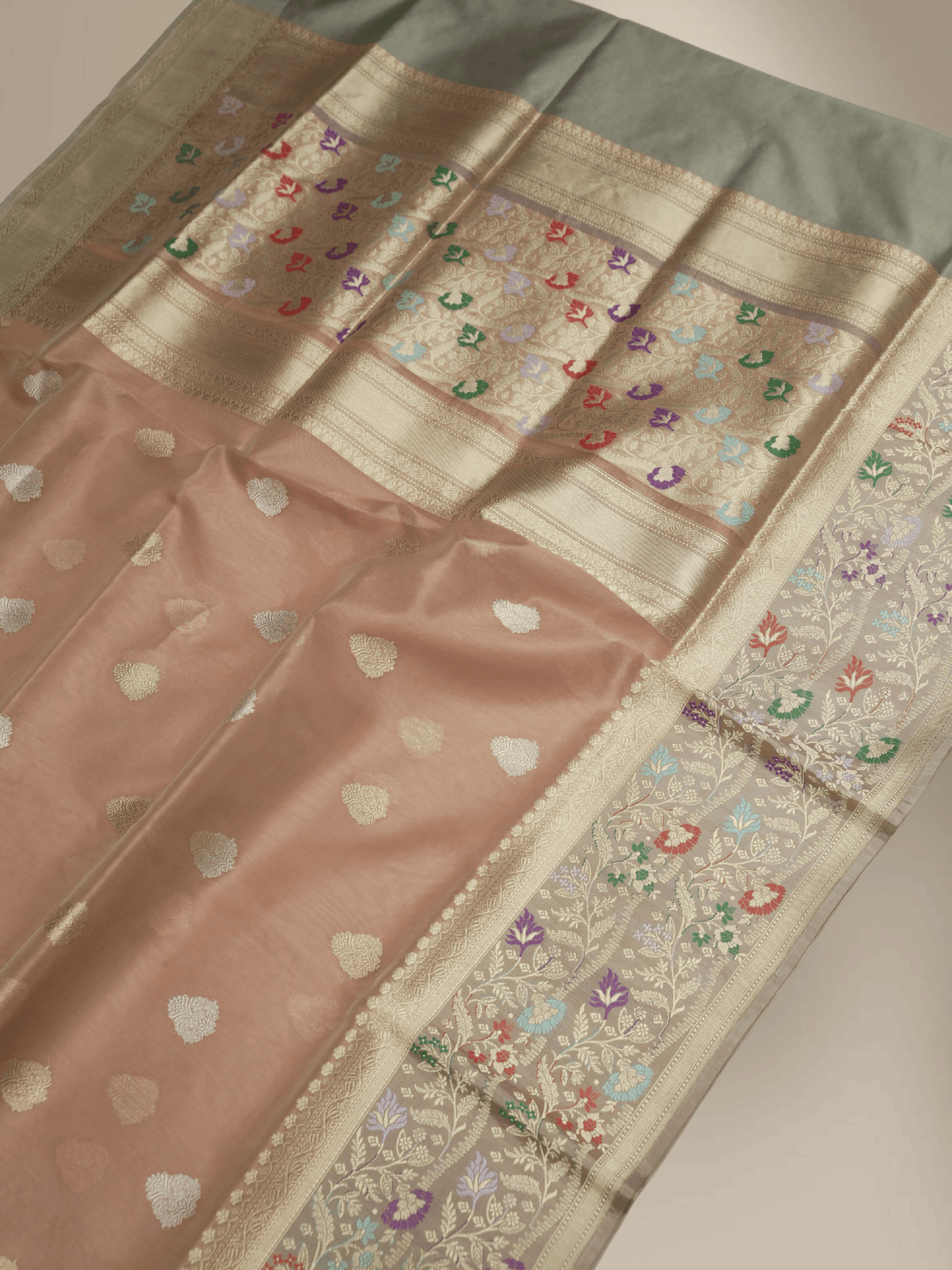 Beige Pure Kora Silk Ropa Sona Kadua Motif Handloom Banarasi sarees