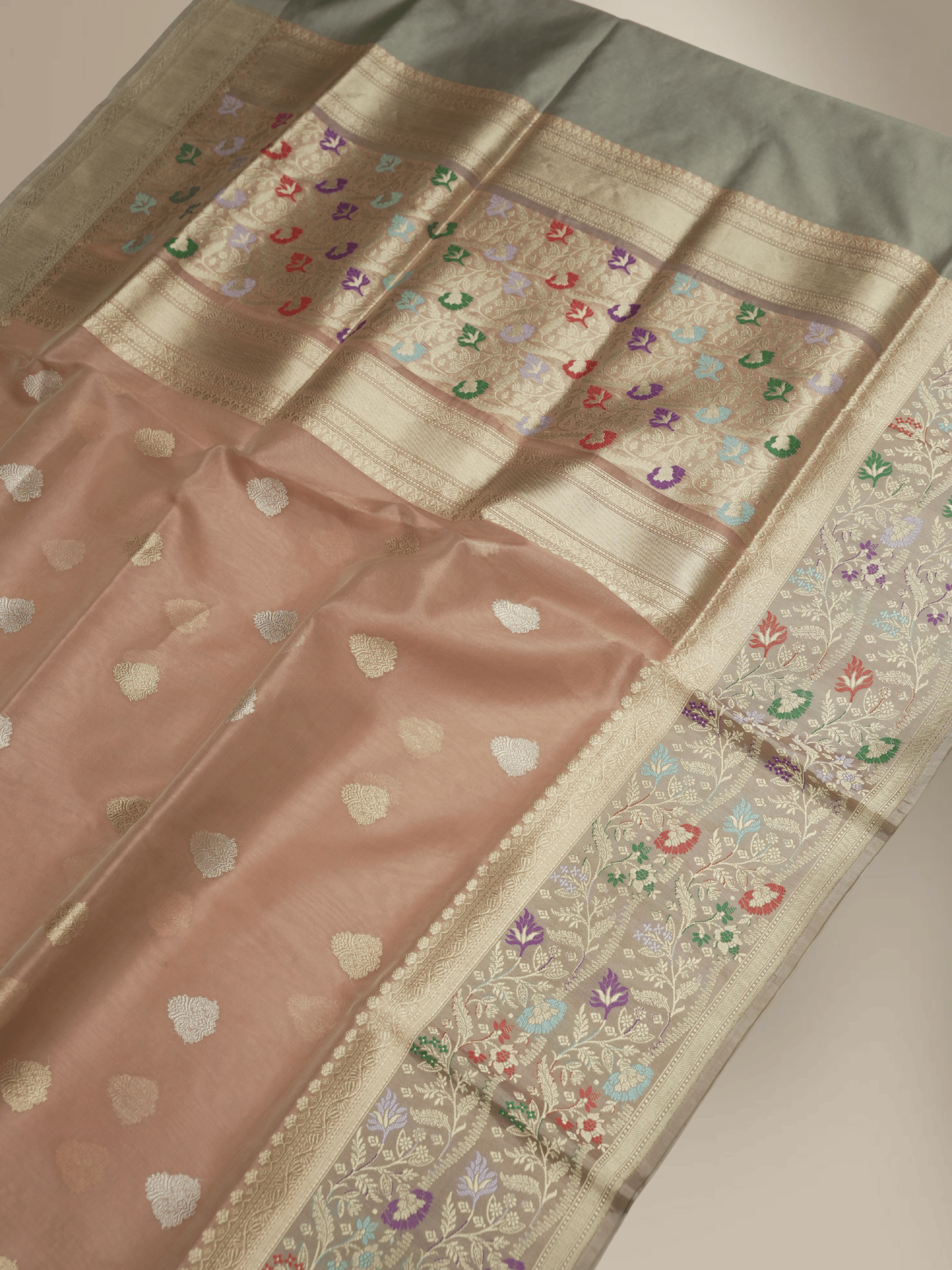 Beige Pure Kora Silk Ropa Sona Kadua Motif Handloom Banarasi sarees