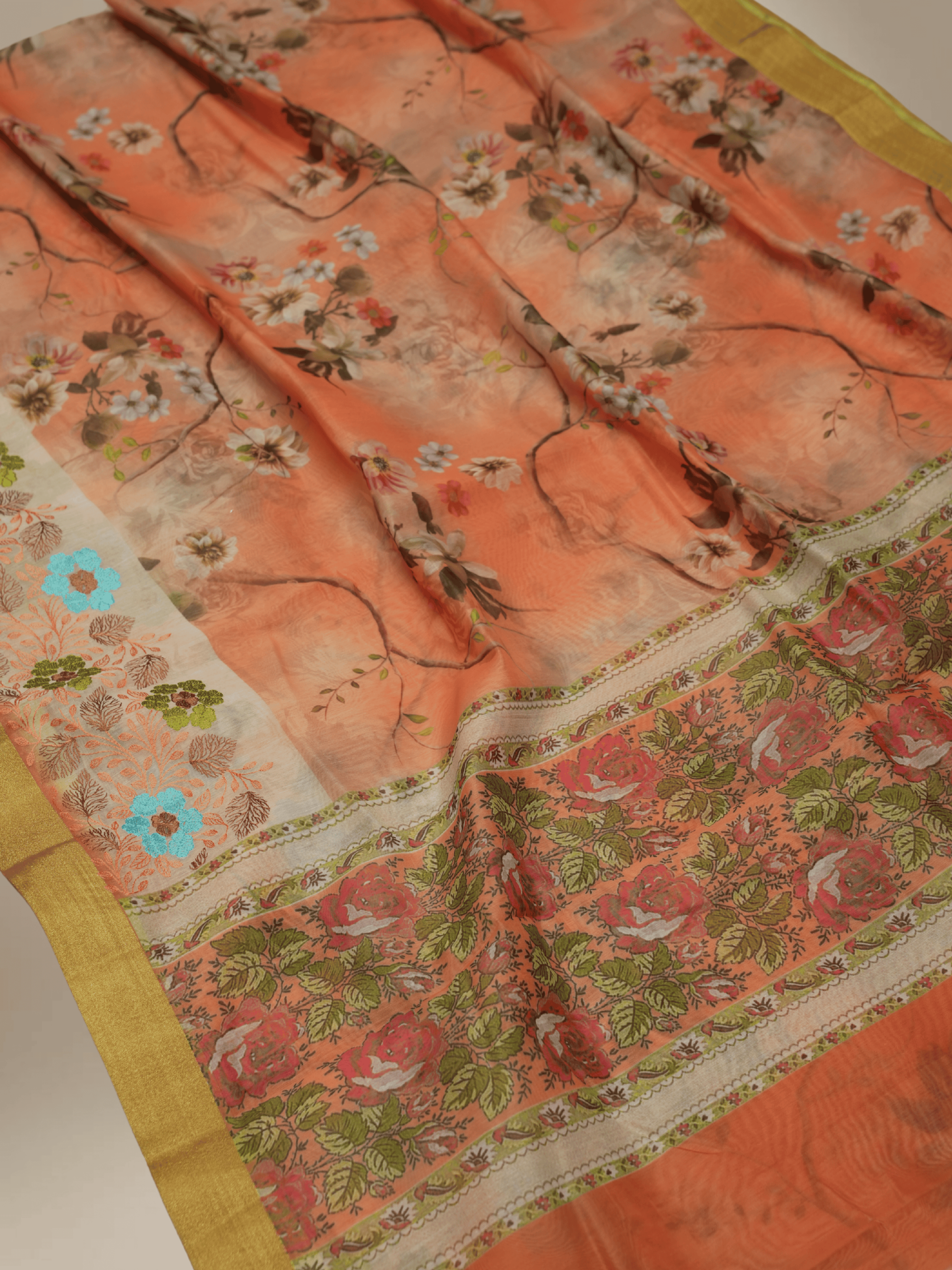 Pitch  Colour Cotton Digital Print sarees with Skirt Chikankaari work