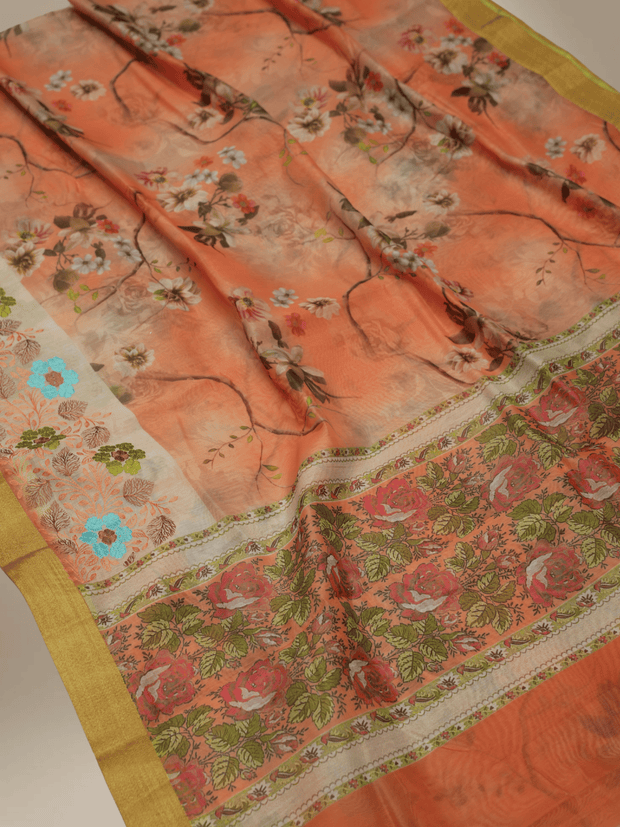 Pitch  Colour Cotton Digital Print sarees with Skirt Chikankaari work