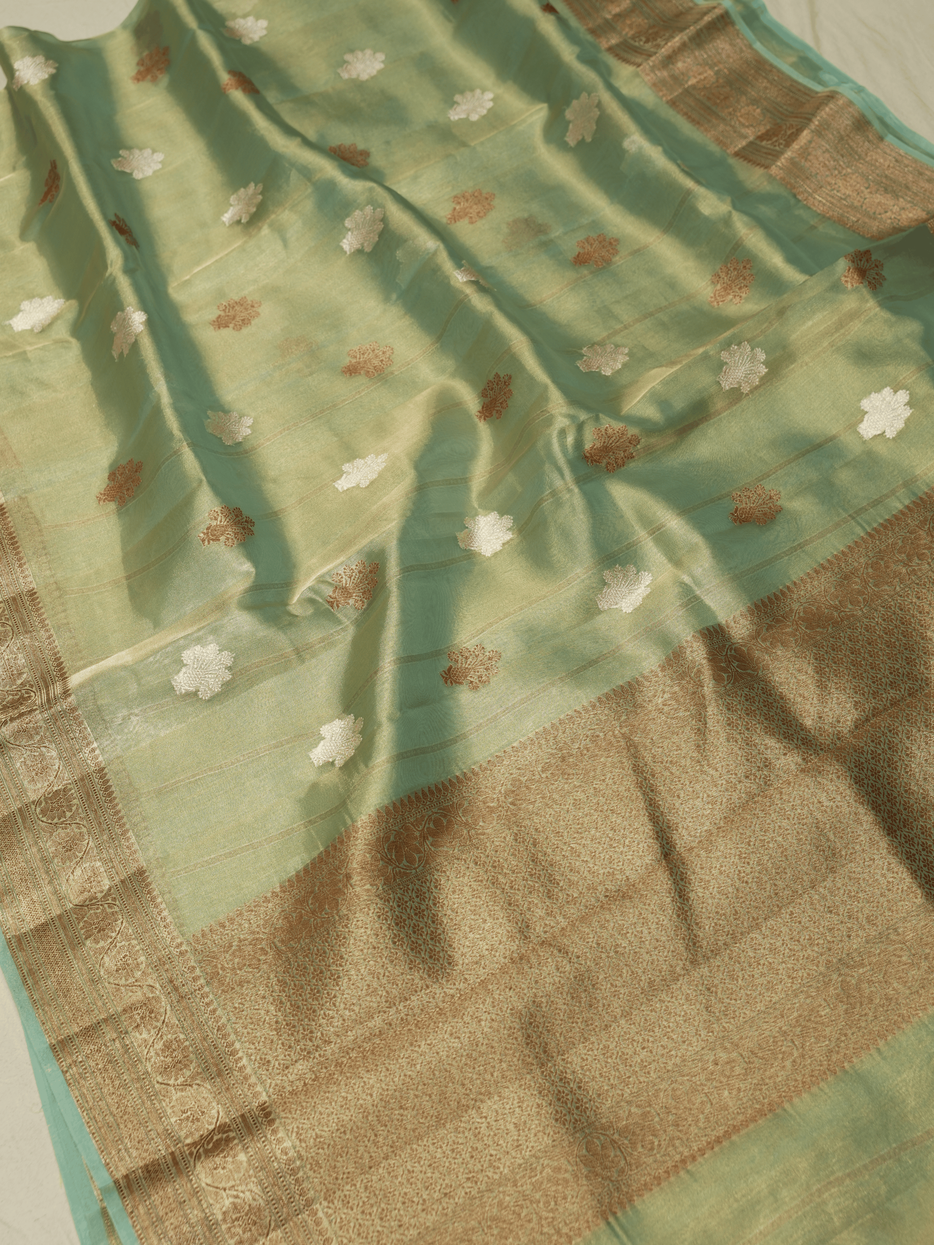 Pure Tissue Silk Handloom Banarasi saree with Coffee & Gold Zari In Mehendi Colour