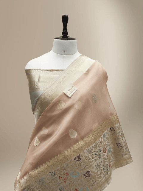 Beige Pure Kora Silk Ropa Sona Kadua Motif Handloom Banarasi sarees