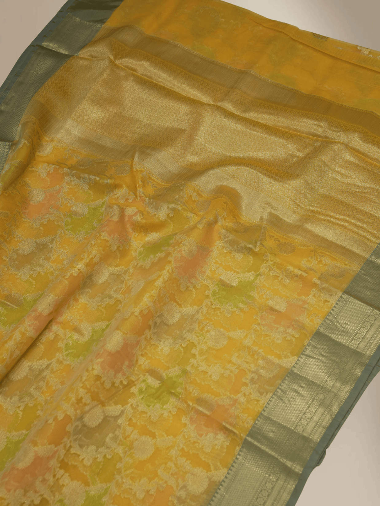 Gold colour Fancy Kora Rangkart Multi Colour Jaal with Contrast Gray border