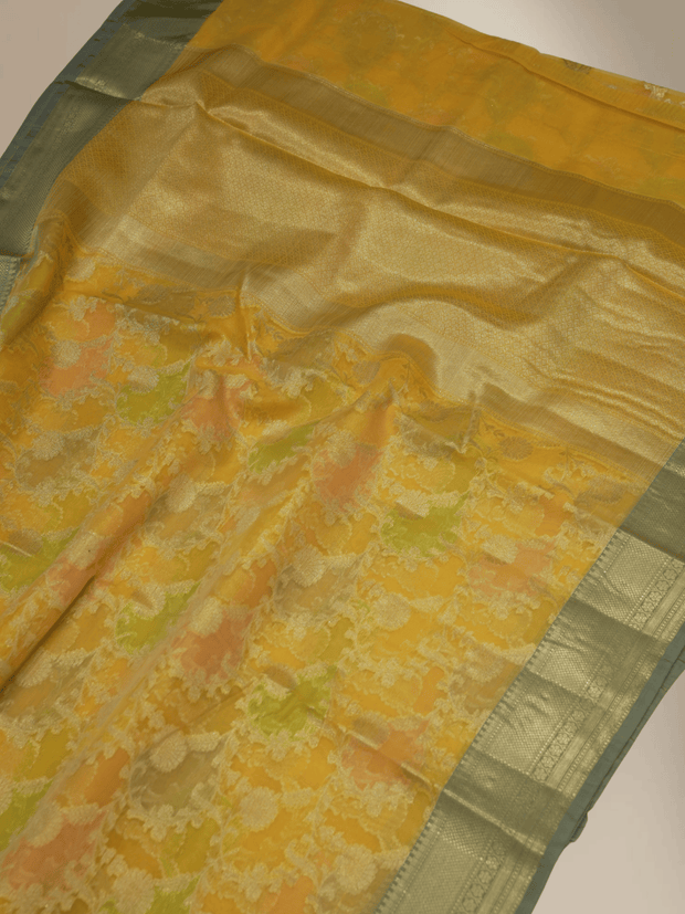 Gold colour Fancy Kora Rangkart Multi Colour Jaal with Contrast Gray border
