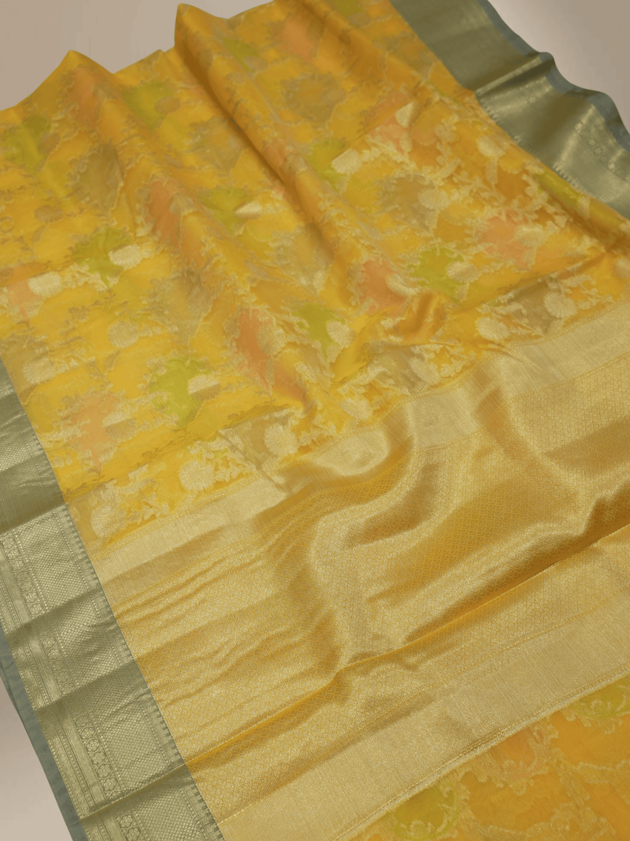 Gold colour Fancy Kora Rangkart Multi Colour Jaal with Contrast Gray border