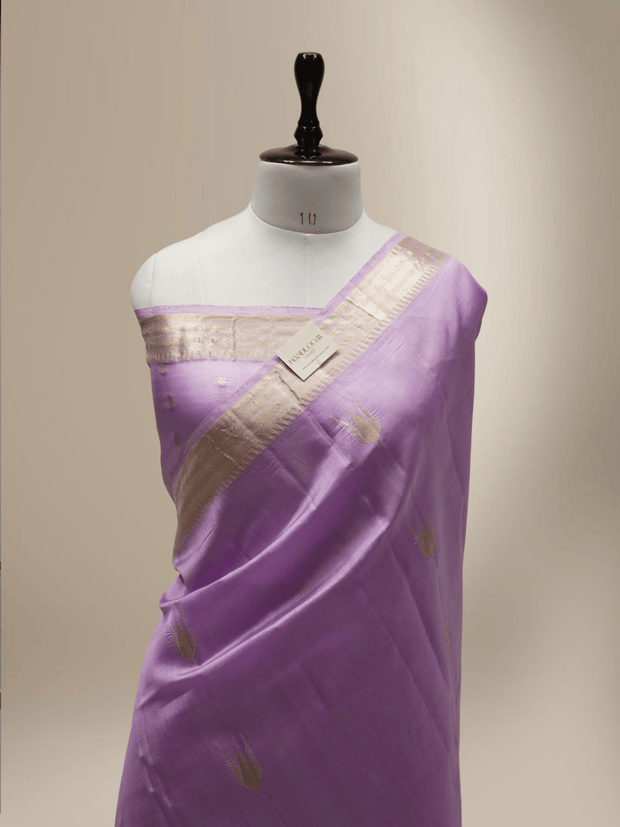 Lavender Colour Pure Kadwa Raw Mango Silk Banarasi Saree with silver & gold zari
