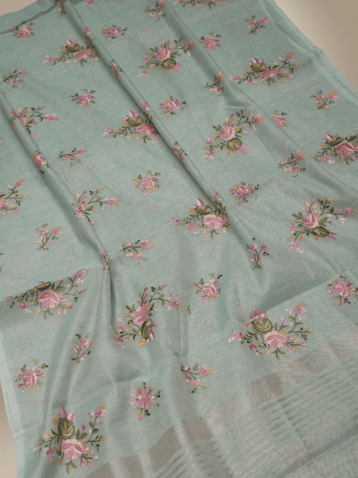 Light Firozi Colour Lenin Cotton Fancy Embroidery designs with tissue blouse