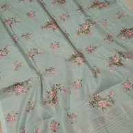 Light Firozi Colour Lenin Cotton Fancy Embroidery designs with tissue blouse
