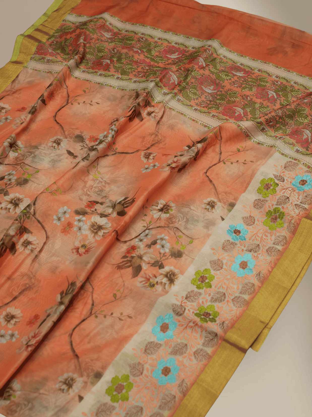 Pitch  Colour Cotton Digital Print sarees with Skirt Chikankaari work