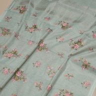 Light Firozi Colour Lenin Cotton Fancy Embroidery designs with tissue blouse
