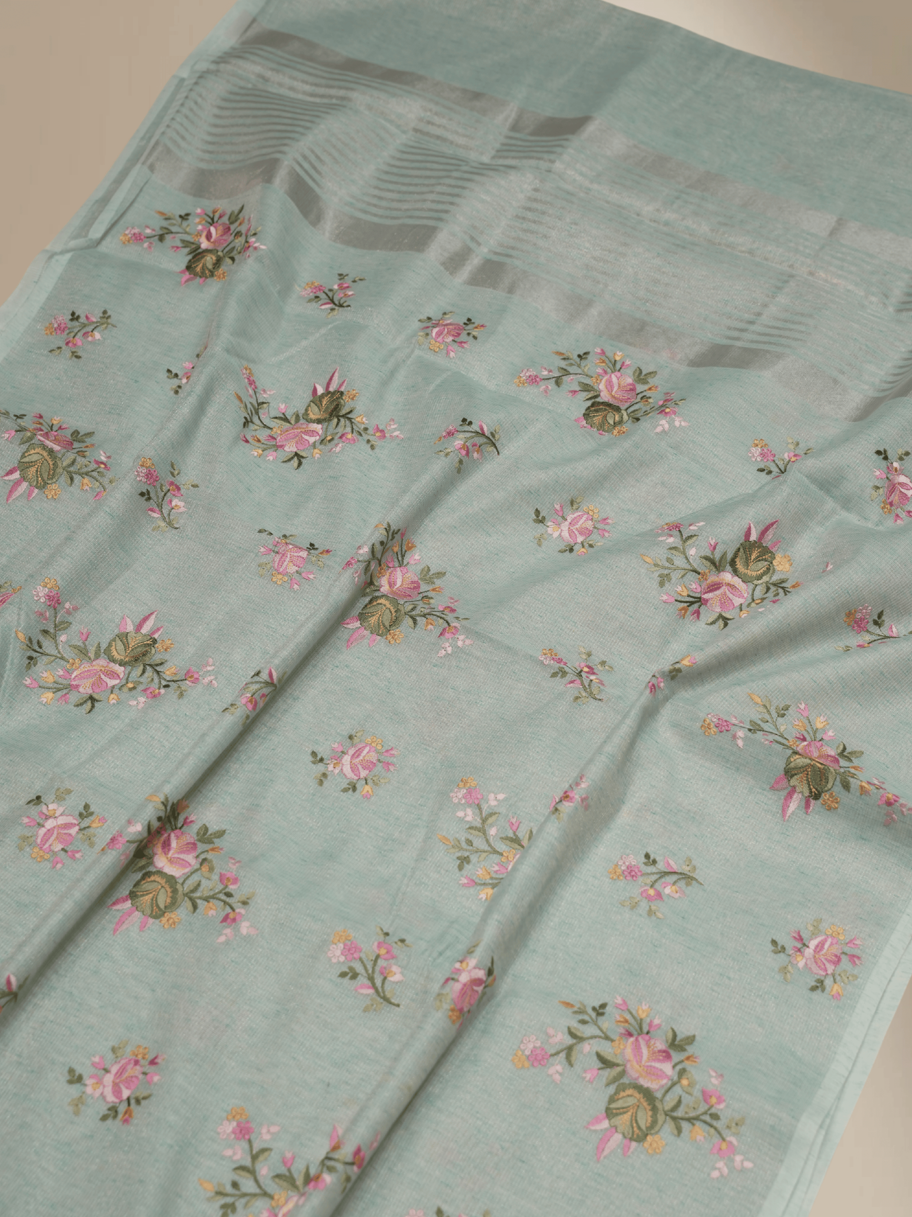 Light Firozi Colour Lenin Cotton Fancy Embroidery designs with tissue blouse