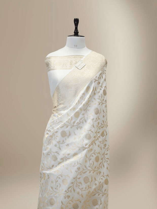 Pure Katan Silk Zari Jaal Patola Banarasi Saree - White