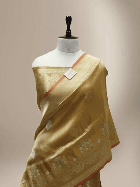 Beige Pure Tissue Silk Ropa Sona Kadiyal Booti Handloom Banarasi sarees