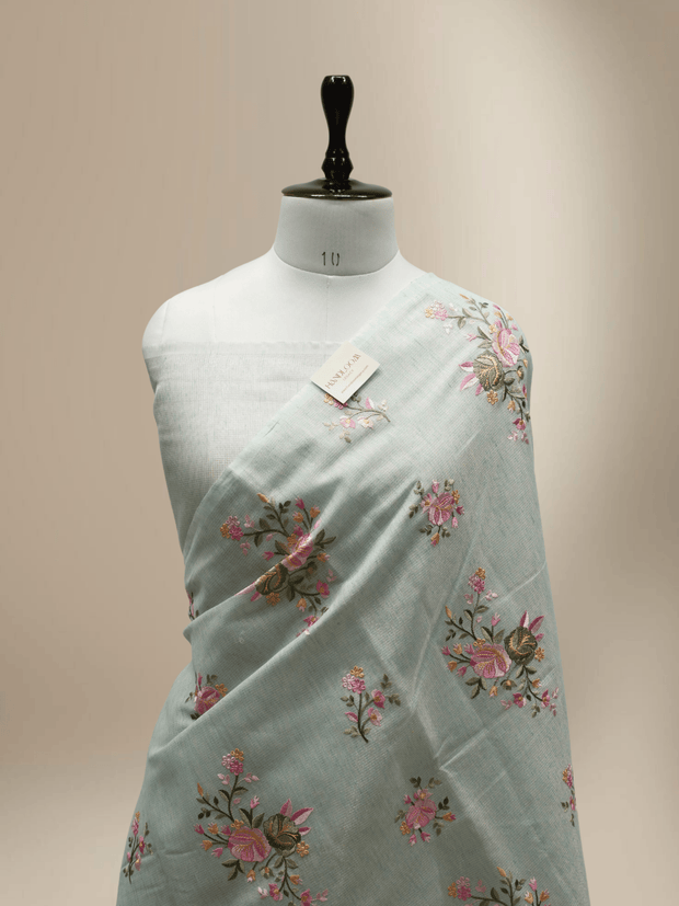 Light Firozi Colour Lenin Cotton Fancy Embroidery designs with tissue blouse