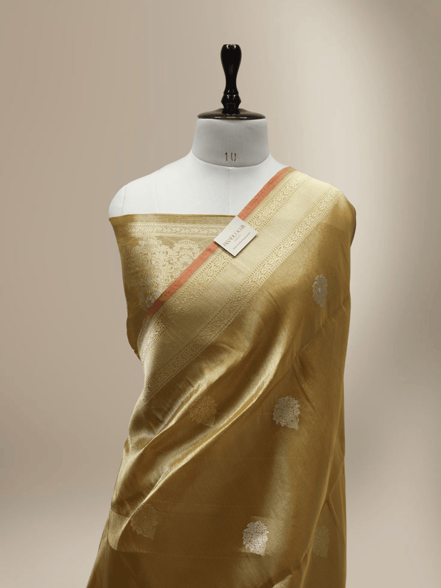 Beige Pure Tissue Silk Ropa Sona Kadiyal Booti Handloom Banarasi sarees