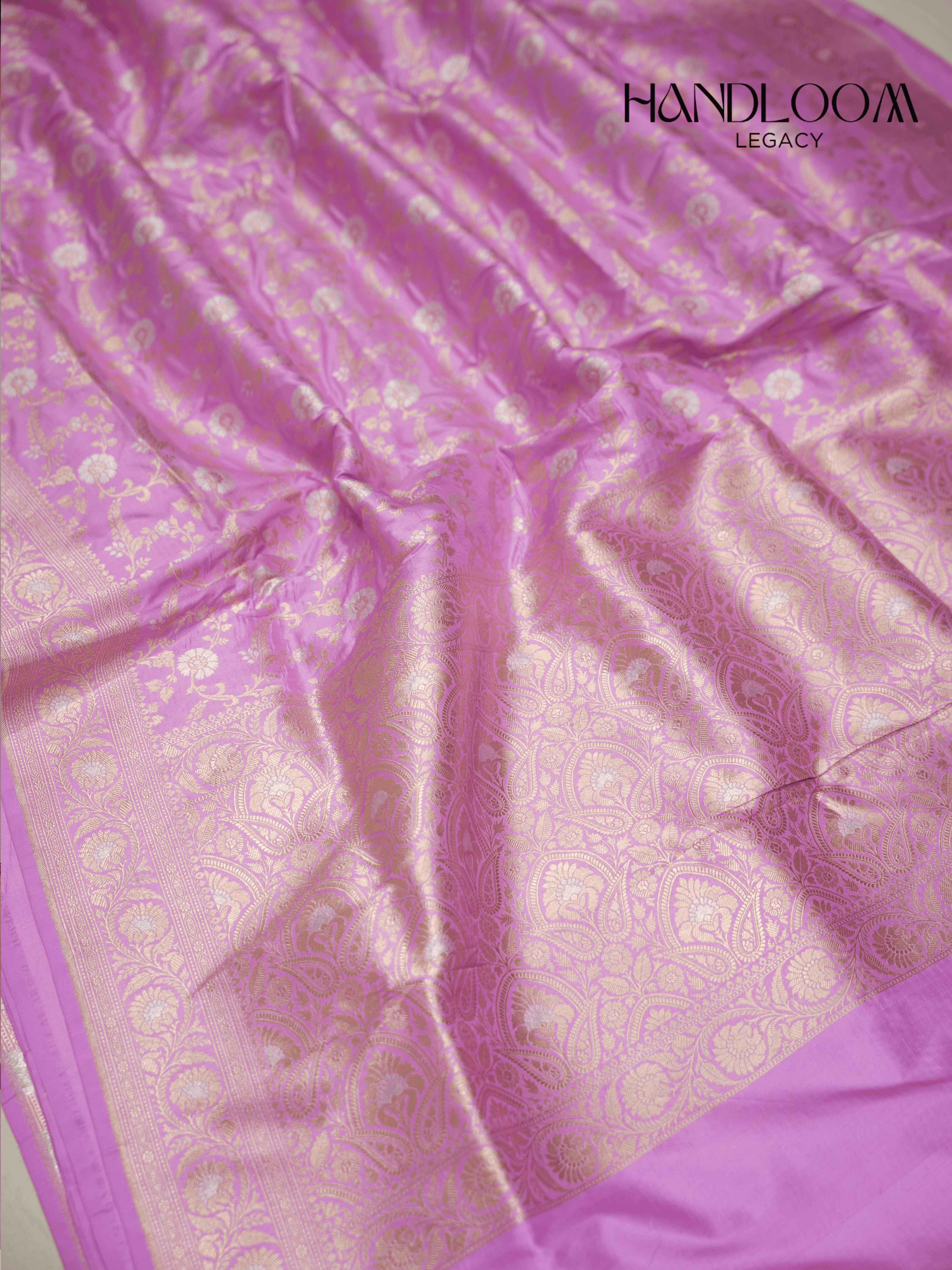 Lavender Pink Pure Katan Silk Banarasi Sarees With Silver Mina